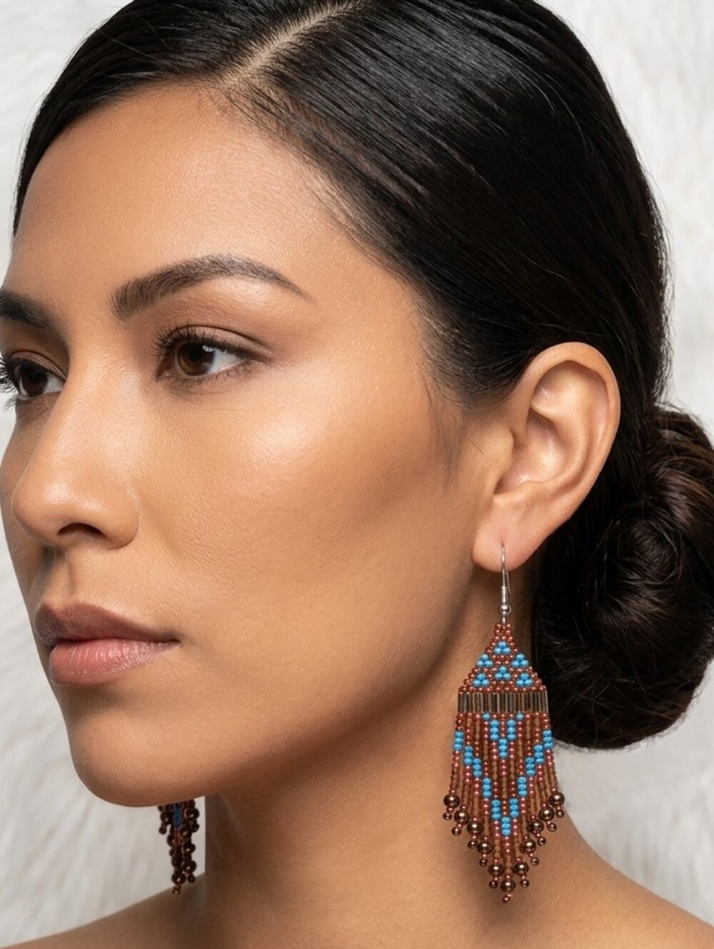 Beaded Fringe Earrings - Blue, Red &Brown